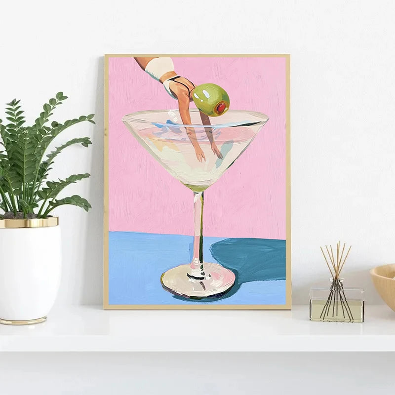 Coffee Martini Cocktail Margarita Drink Girl Jumping Into Wine Glass Fun Poster Canvas Printing Wall Art Bar Club Kitchen Decor