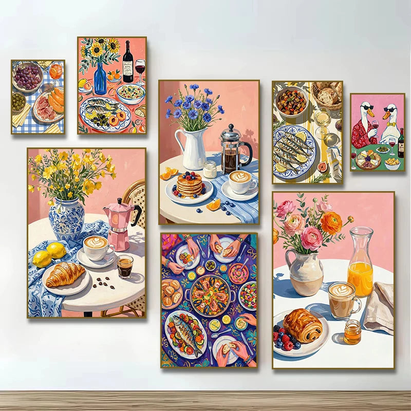 Kitchen Still Life Floral Coffee Pastry  Wine and Seafood Duck Poster Breakfast Table Canvas Painting for Living Room Home Decor