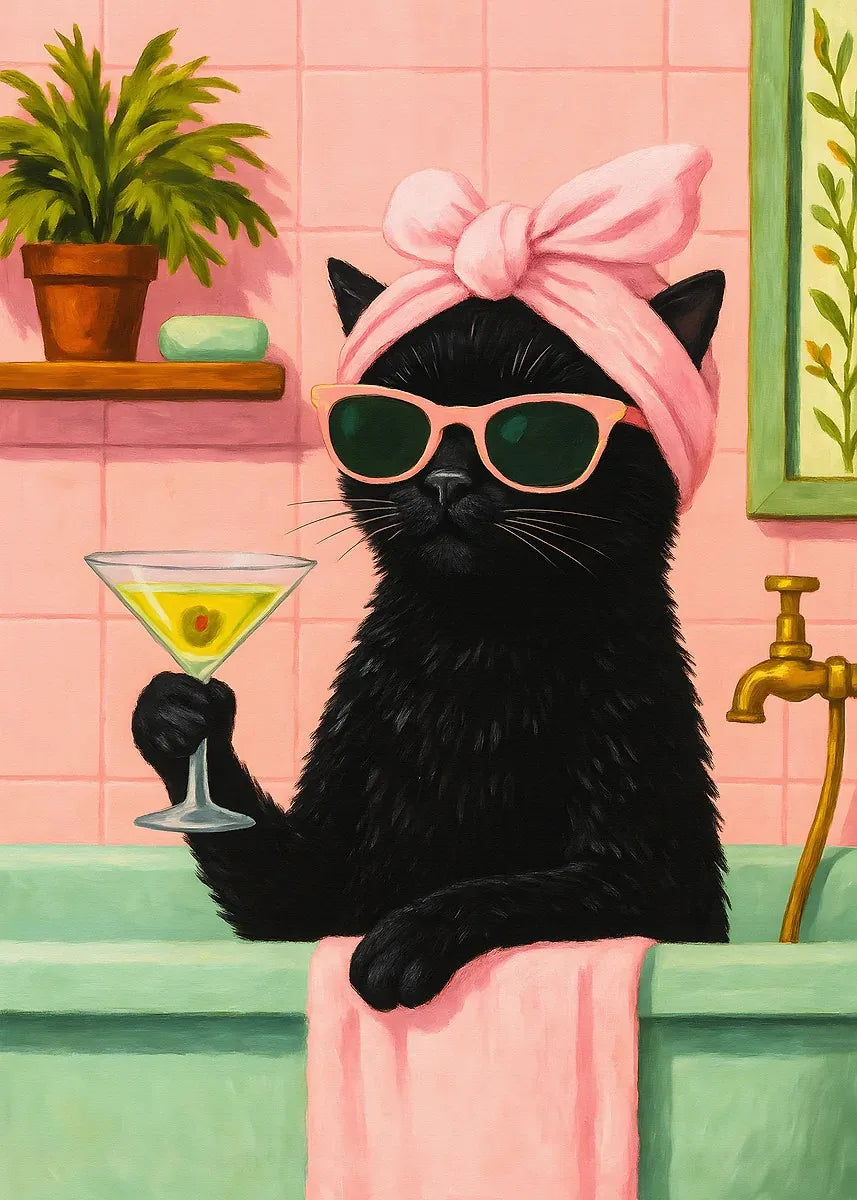 Cat with Martini in Bathtub Black Cat Reading on Toilet Dog Spa Canvas Painting Print Wall Art Picture Bathroom Home Decor